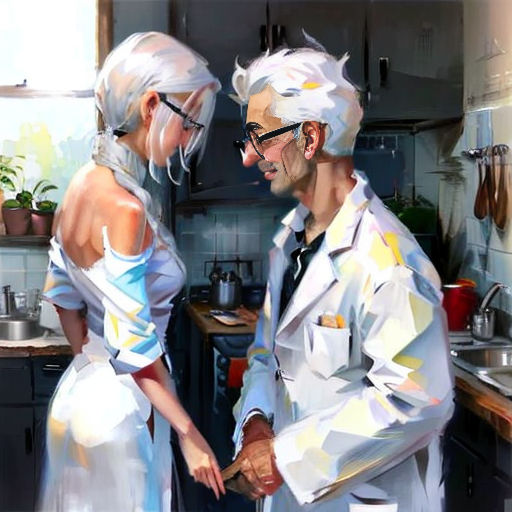 a man and woman in a kitchen with a knife in their hands and a potted plant in the background