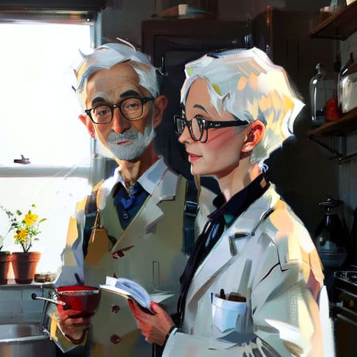 a painting of two people in a kitchen with a pot of flowers in the background and a pot of flowers in the foreground