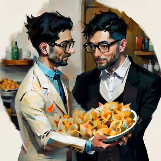 two men in suits holding a plate of food in their hands and looking at each other with glasses on