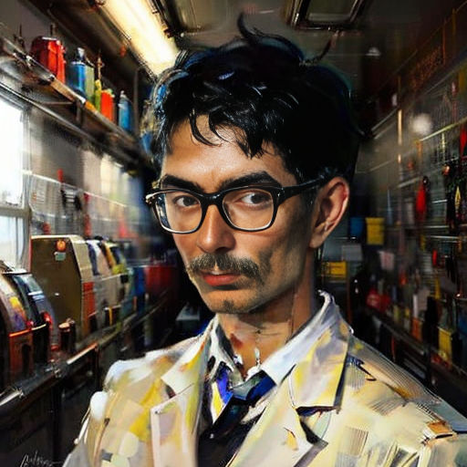 a man with glasses and a tie in a room full of shelves of items and a clock on the wall