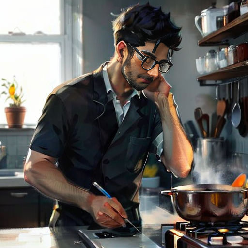 a man in glasses cooking in a kitchen with a pot and pan on the stove top and a pot on the stove