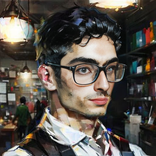 a man with glasses and a tie in a room with bookshelves and lights on the ceiling and a man with a beard