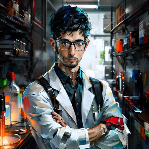 a man in a lab coat and glasses standing in a room with shelves of bottles and a light on
