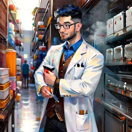 a man in a lab coat and tie standing in a room with shelves of boxes and a phone in his hand