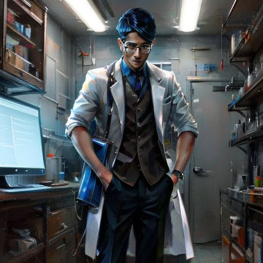 a man in a lab coat and tie standing in front of a computer monitor and a desk with a monitor on it