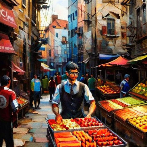 a painting of a man selling fruit in a market place in a city street with people walking around and a man in a blue shirt and tie