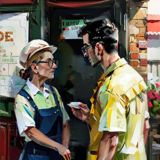 a painting of two people standing in front of a store front door, one of them is holding a paper