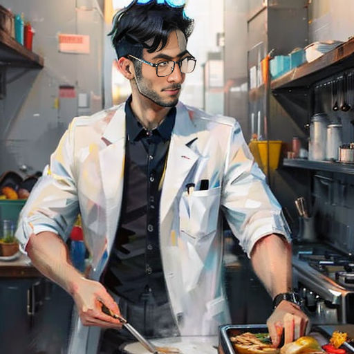 a man in a white jacket is cooking in a kitchen with a plate of food on the counter and a knife in his hand