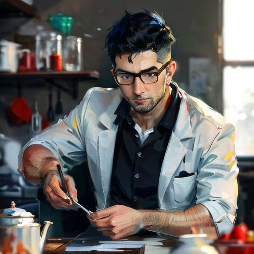a man in a kitchen cutting food with a knife and fork in his hand and a pot on the counter