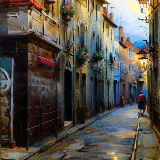 a painting of a person walking down a street in a city with buildings and a clock on the wall