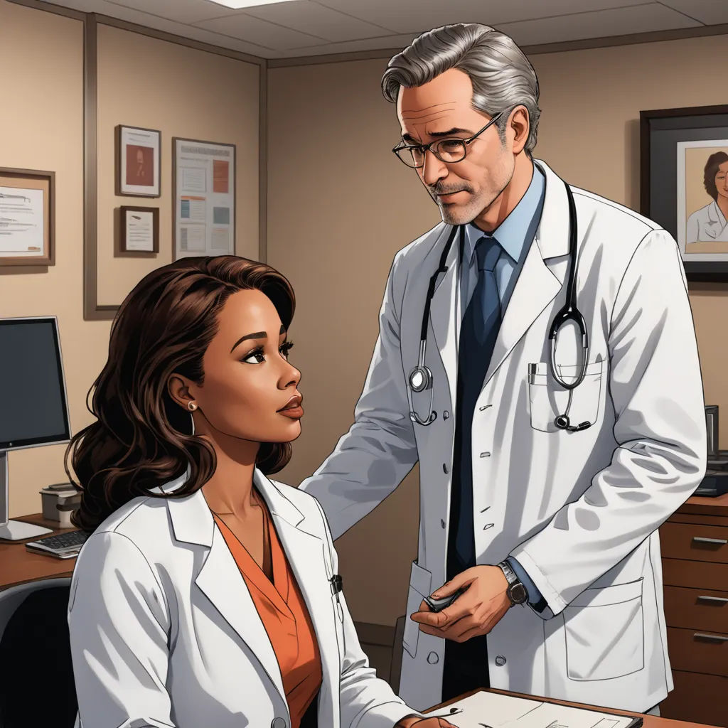a doctor and a woman in an office setting talking to each other, with a clipboard in front of them, sots art, a comic book panel, Doc Hammer, high detail illustration