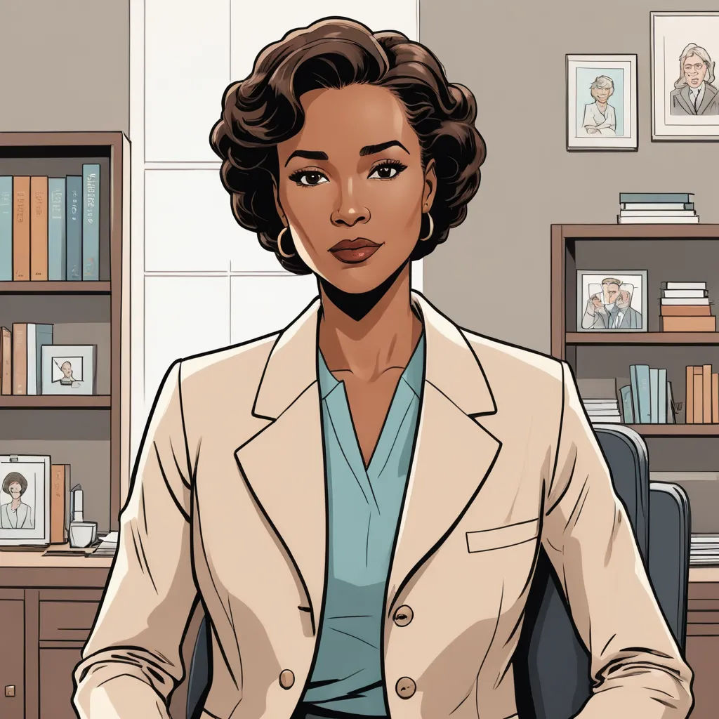a woman sitting at a desk in a room with a bookcase and a book case on the wall, new objectivity, a comic book panel, Constance Gordon-Cumming, graphic novel
