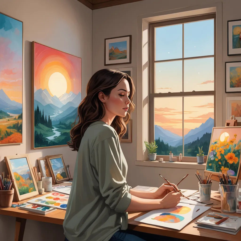 a woman sitting at a desk with a painting and a cup of coffee in front of her and a window, american scene painting, a detailed painting, Evgeny Lushpin, professional digital painting