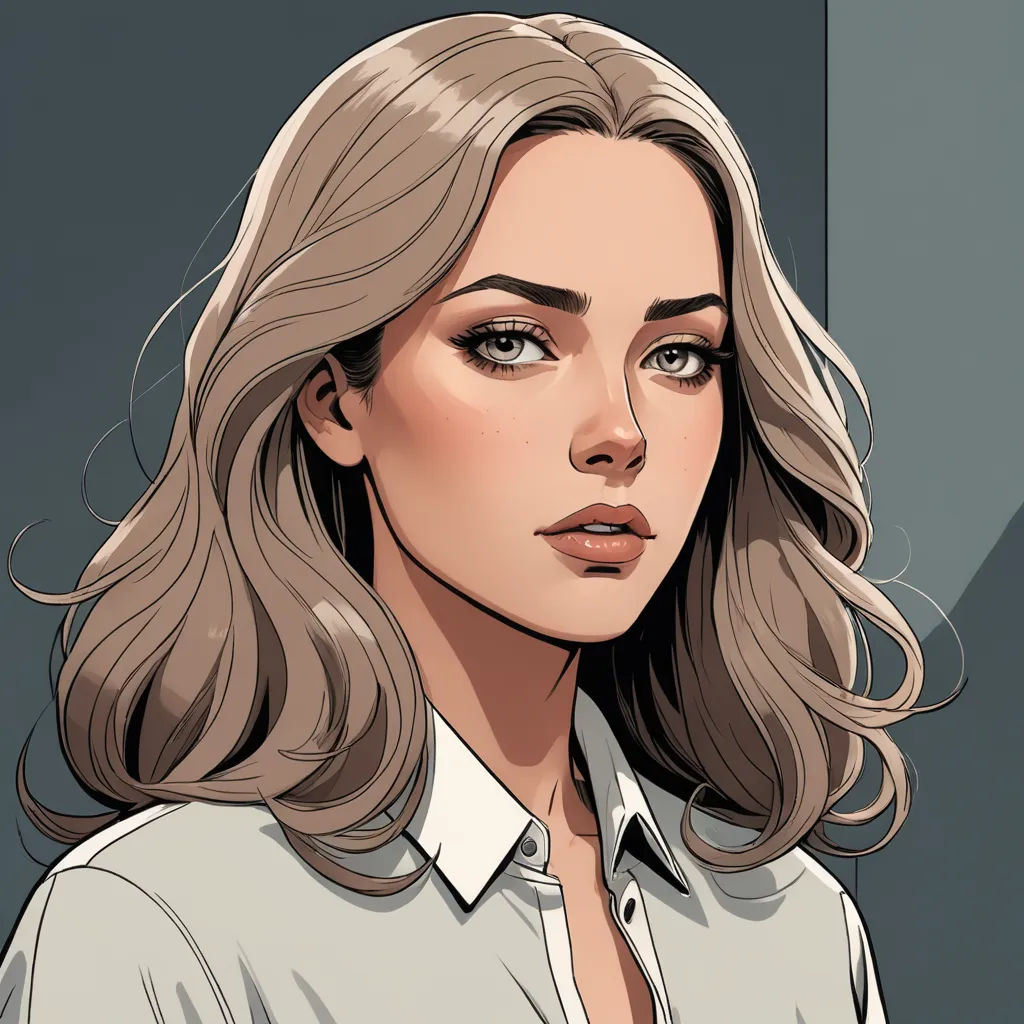 a woman with blonde hair and a white shirt on a gray background with a black and white background and a black and white background, sots art, a character portrait, Eve Ryder, character portrait