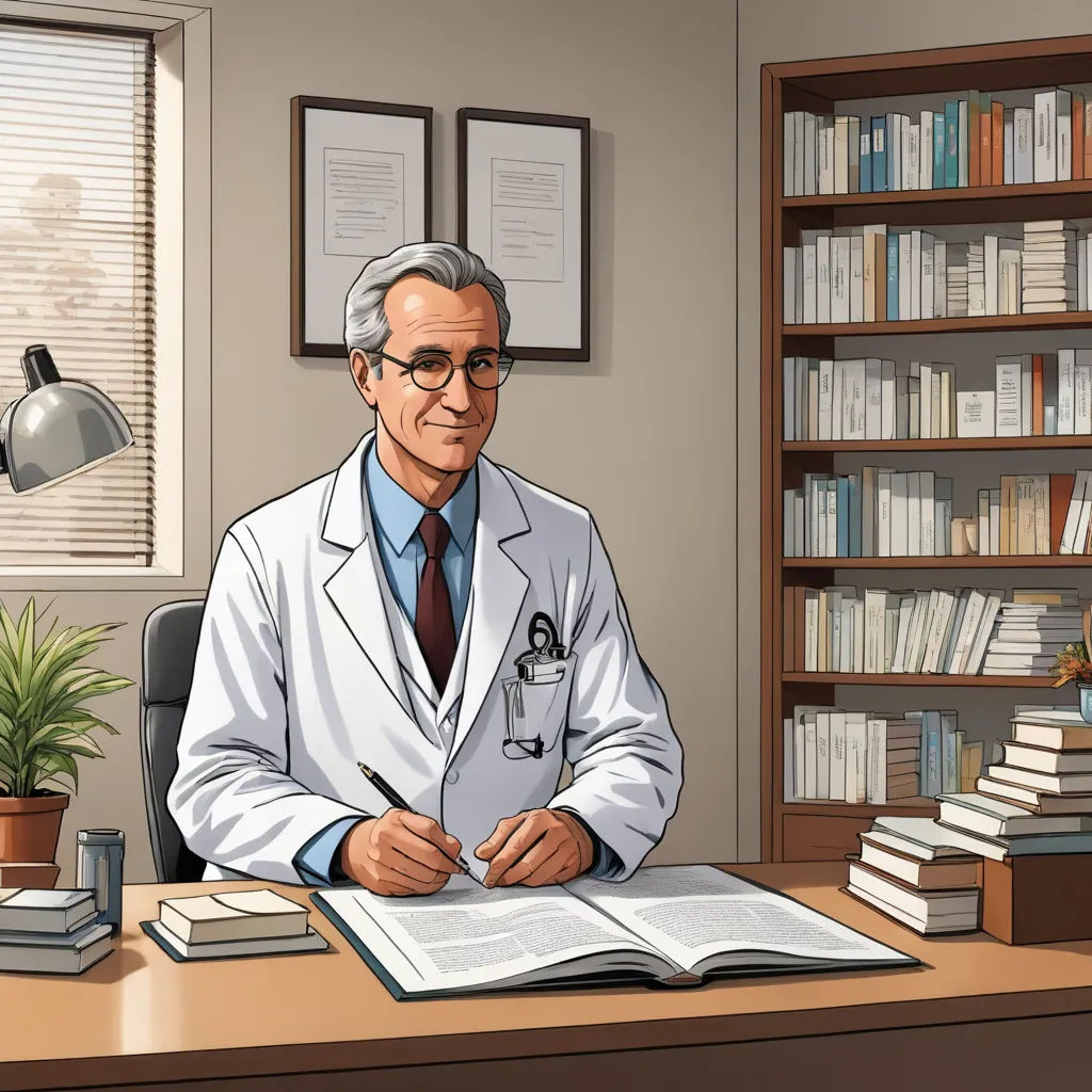 a cartoon of a doctor sitting at a desk with a book and a lamp on it's desk, remodernism, a character portrait, Doc Hammer, official art