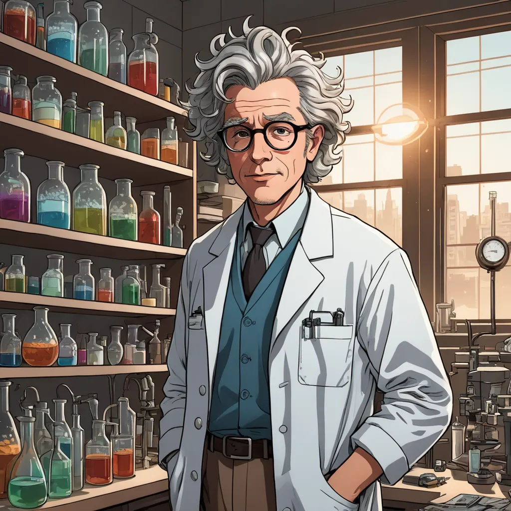 a man in a lab coat standing in front of a shelf of bottles and a clock in a room with windows, academic art, a character portrait, Edmond Xavier Kapp, official art