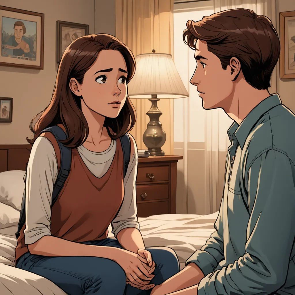 a man and a woman sitting on a bed in a bedroom looking at each other and talking to each other, serial art, a comic book panel, Artgerm, kinkade
