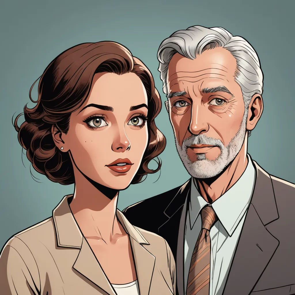 a man and a woman are standing next to each other in a cartoon style, with a man in a suit and tie, serial art, a character portrait, Brenda Chamberlain, character portrait