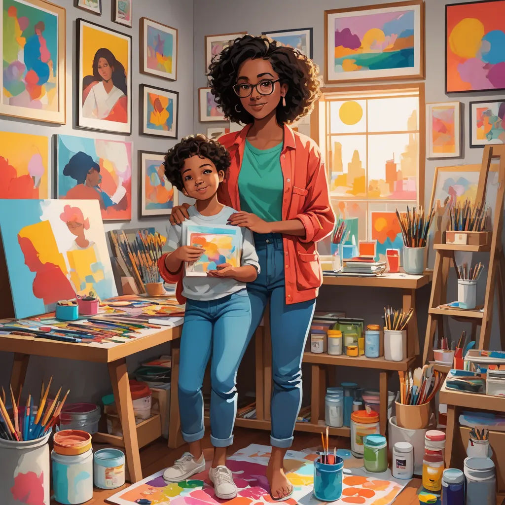 a woman and a child are standing in a room with art supplies and paintings on the walls and a table with a painting on it, american scene painting, a painting, artist, art station