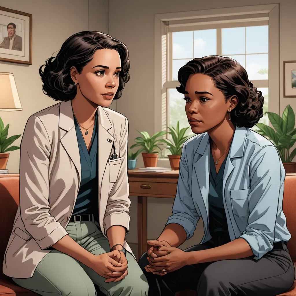 a woman sitting next to another woman on a couch in a room with a potted plant on the wall, american scene painting, a comic book panel, Eve Ryder, official art