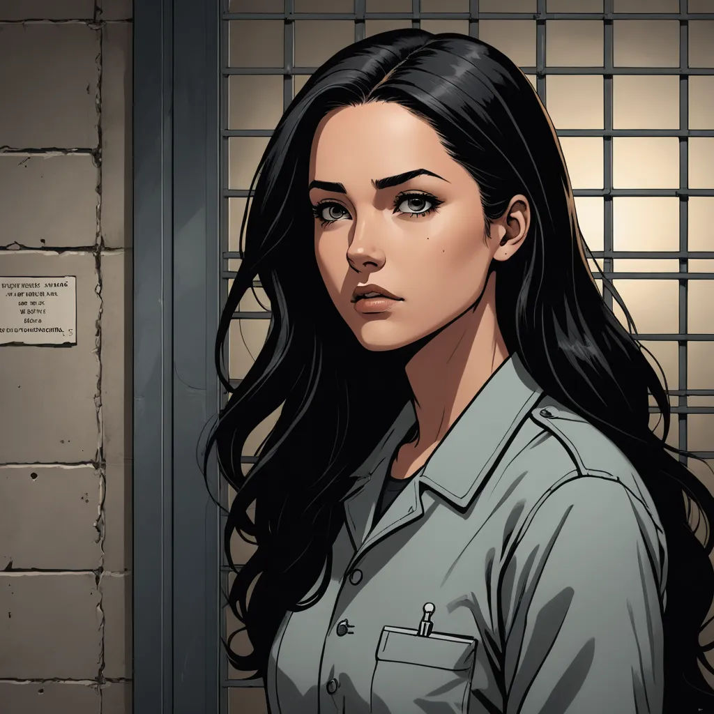 a woman in a prison uniform standing in front of a jail cell door with a brick wall behind her, serial art, a character portrait, Artgerm, comic cover art
