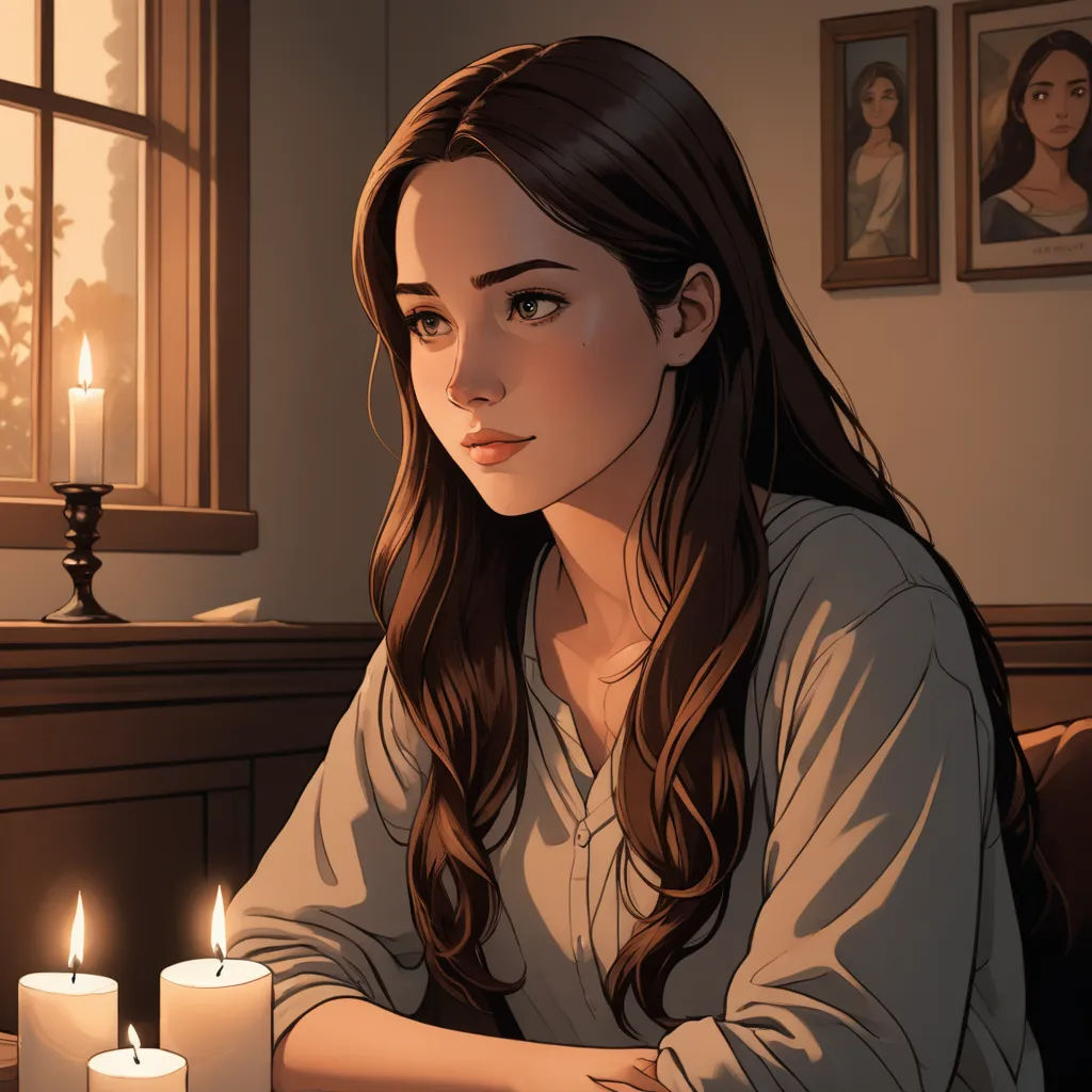 a woman sitting at a table with a candle in front of her and a picture of a woman on the wall behind her, gothic art, a comic book panel, Constance Gordon-Cumming, soft lighting