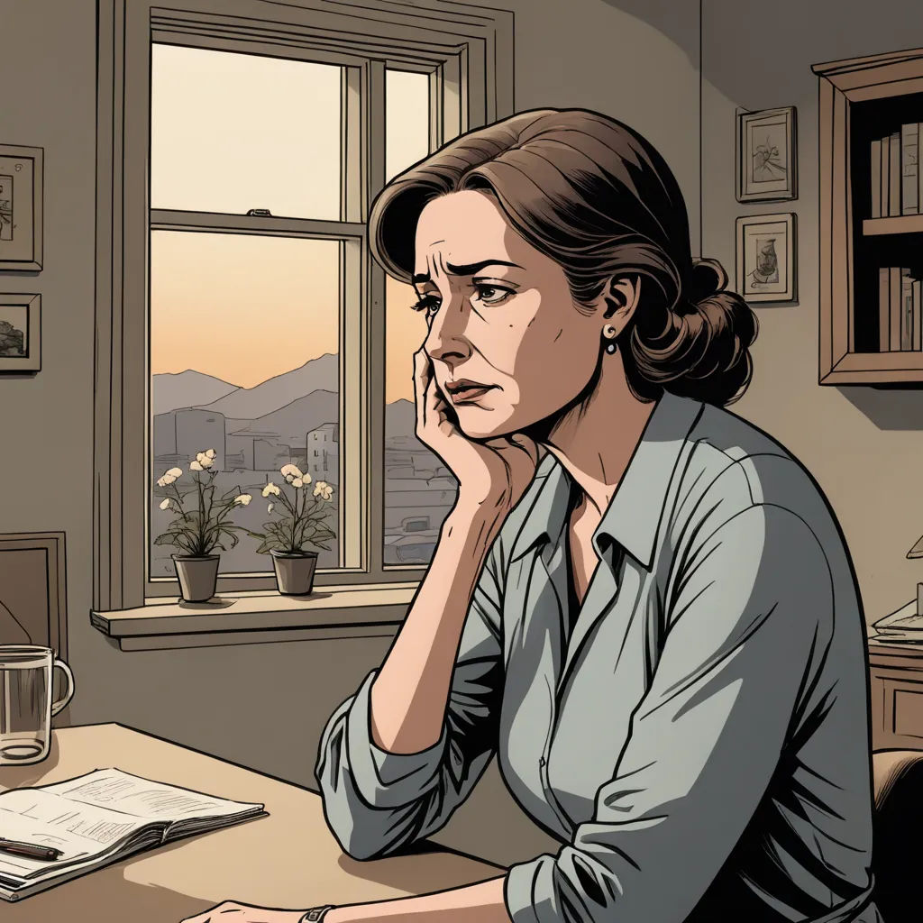 a woman sitting at a desk with a book and a cup of coffee in front of her, looking out a window, serial art, a comic book panel, Eva Gonzalès, graphic novel