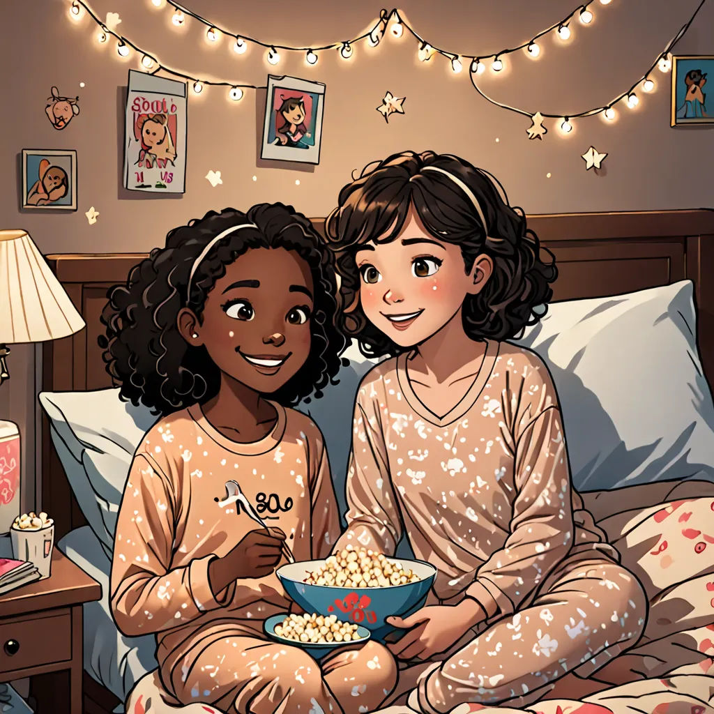 two girls sitting on a bed eating popcorn together, with a string of lights strung above them and a bed with a pillow on it, disney, romanticism, a storybook illustration, stars