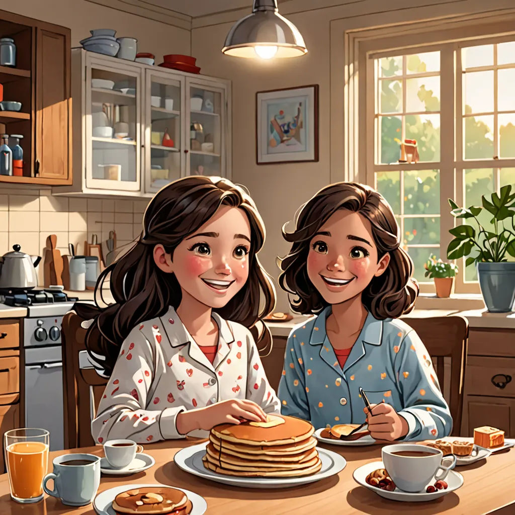 two girls sitting at a table with a stack of pancakes and coffee in front of them, and a pot of orange juice in the background, Cliff Childs, american scene painting, a storybook illustration, storybook illustration