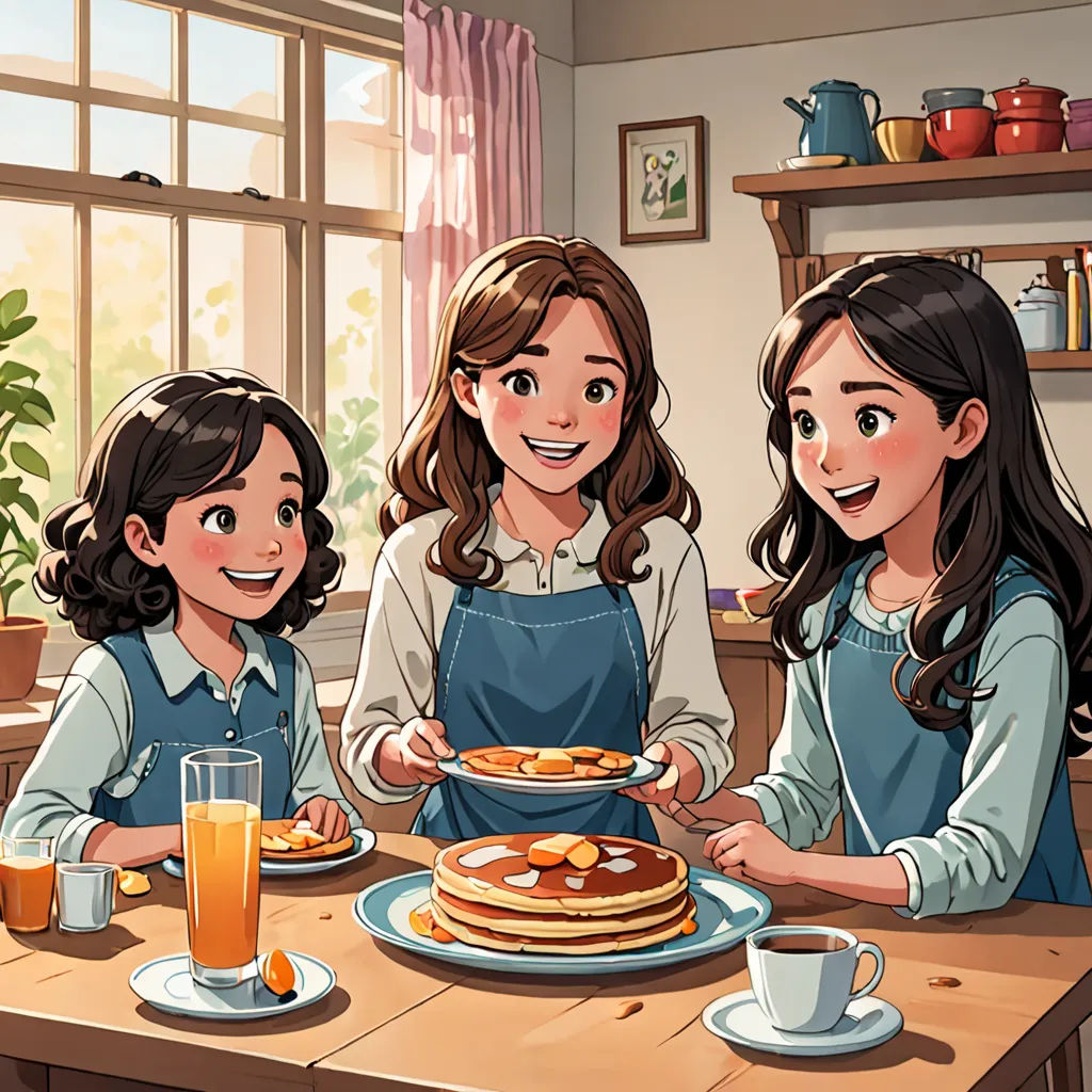 a family is having breakfast together at the table with pancakes and orange juices on the table and a woman is holding a plate of pancakes, Byeon Sang-byeok, american scene painting, a comic book panel, official art
