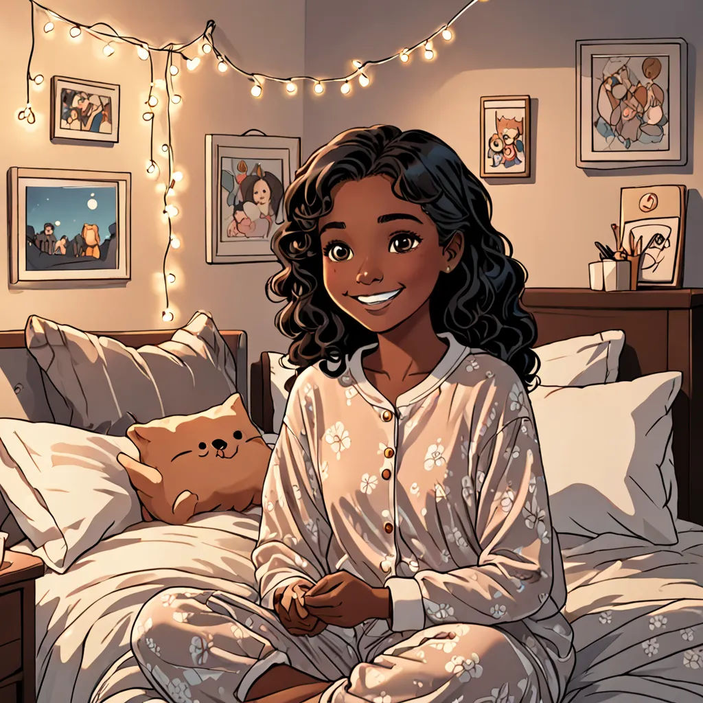 a woman sitting on a bed with a teddy bear in her lap and a string of lights strung above her, Constance Gordon-Cumming, lyco art, a comic book panel, comic cover art