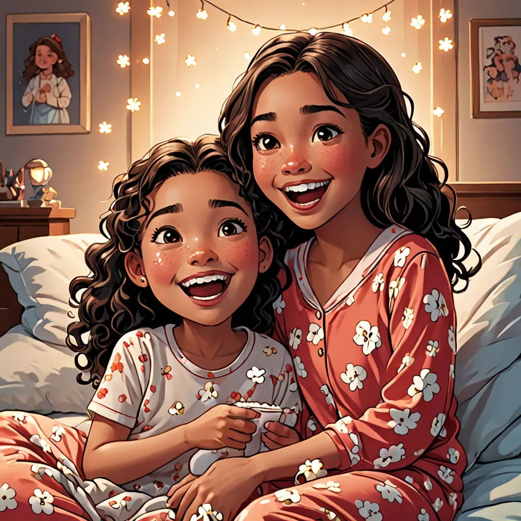 a painting of two girls in pajamas on a bed with a string of lights above them and a picture of a baby girl, Artgerm, lyco art, a comic book panel, comic cover art