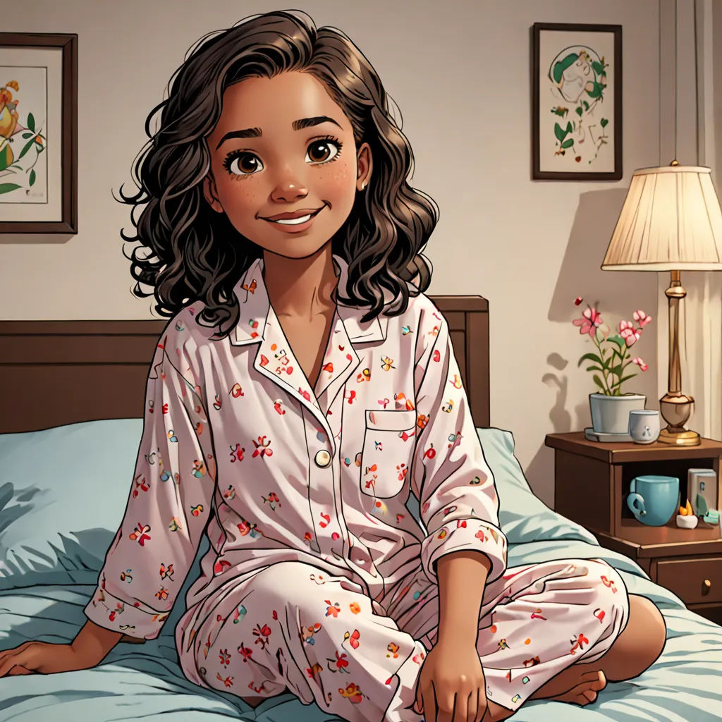 a woman in pajamas sitting on a bed in a bedroom with a lamp on the side table and a nightstand, Cliff Childs, hyperrealism, a comic book panel, kinkade