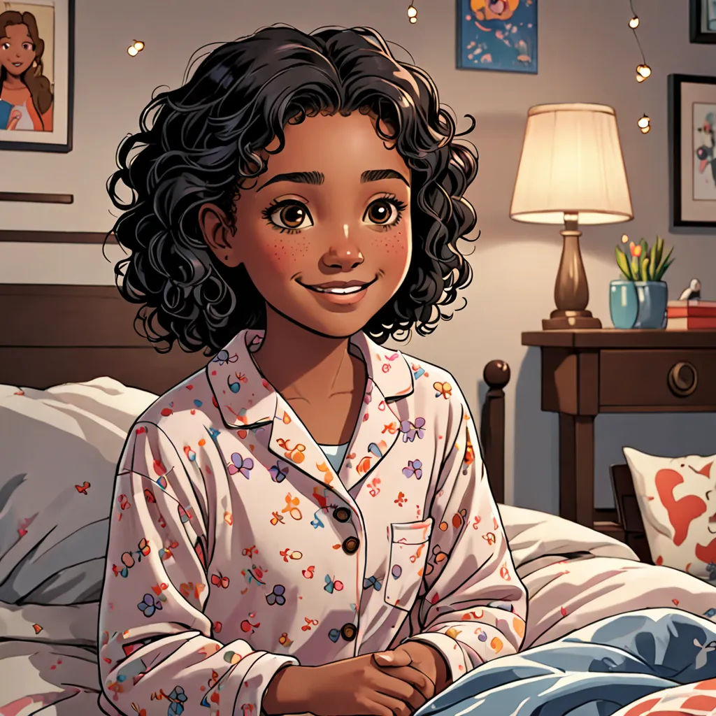 a cartoon of a girl in pajamas sitting on a bed with a lamp on the side of the bed, Constance Gordon-Cumming, american scene painting, a comic book panel, comic cover art