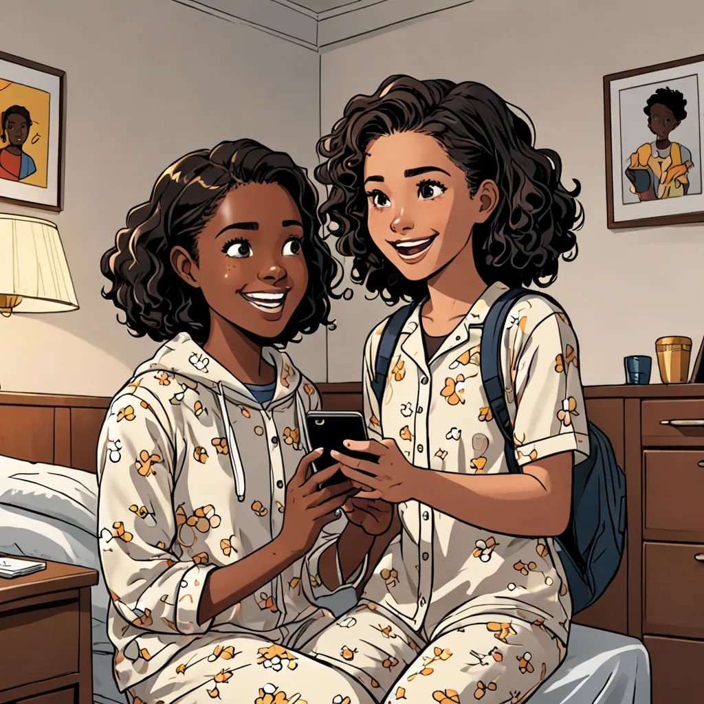 two women in pajamas sitting on a bed looking at a cell phone together in a bedroom with a dresser and a lamp, Brothers Hildebrandt, harlem renaissance, a comic book panel, comic cover art