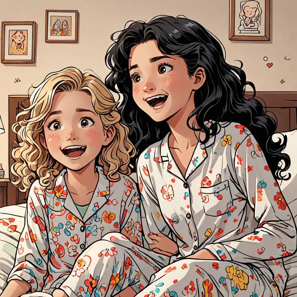 a woman and a girl in pajamas sitting on a bed together, with a picture of them on the wall, disney, lyco art, a storybook illustration, storybook illustration