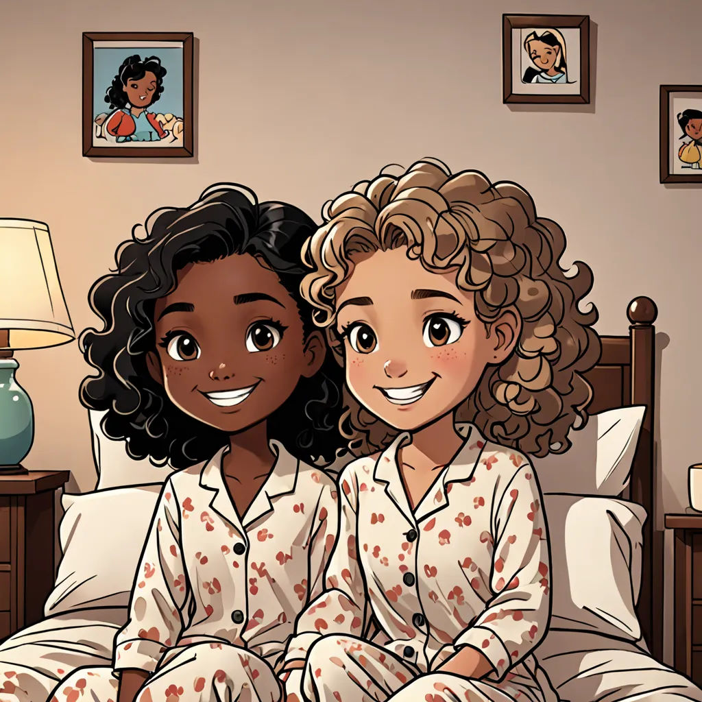 two women sitting on a bed in pajamas and smiling at the camera, with a lamp on the side, Cliff Childs, harlem renaissance, a comic book panel, comic cover art