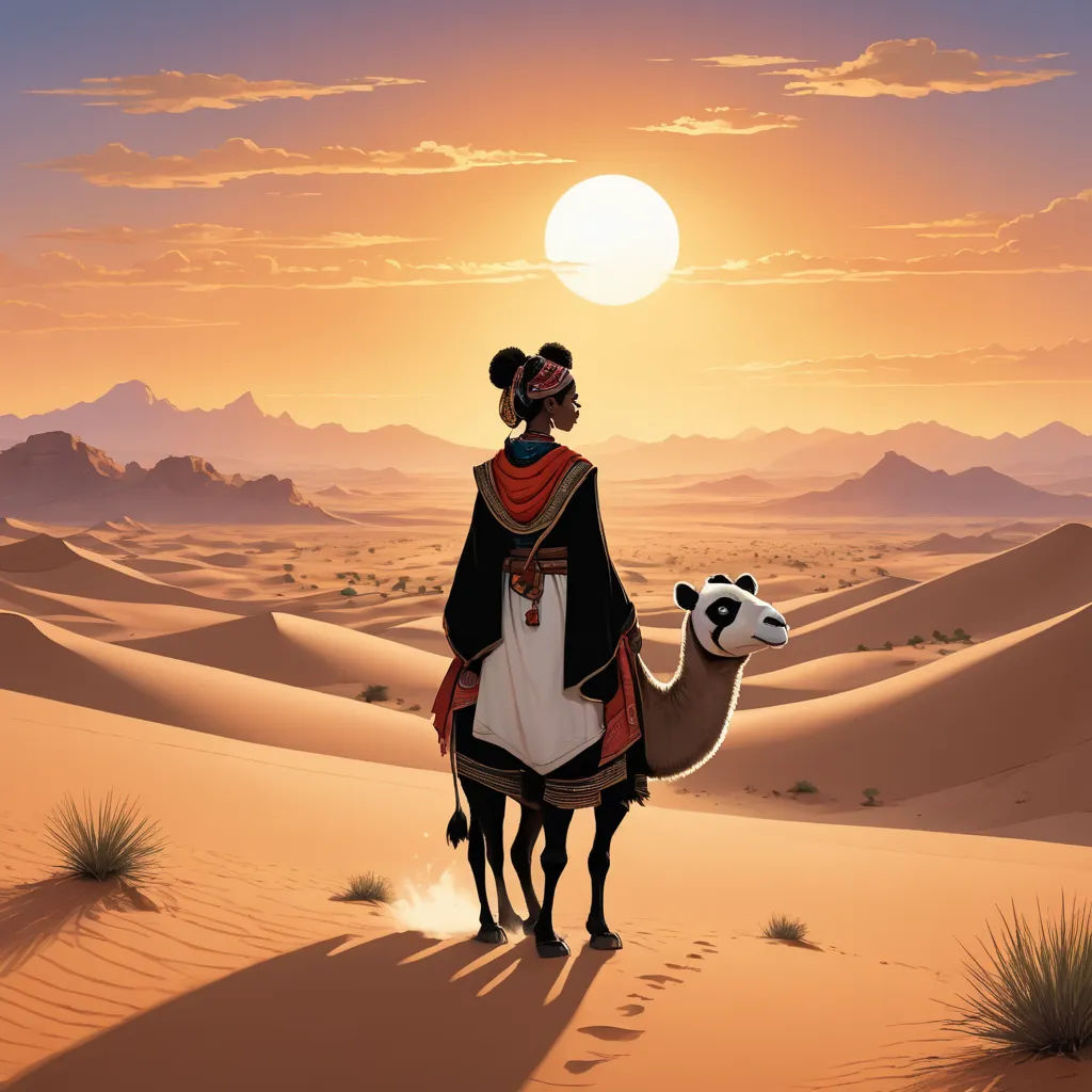 a person riding a camel in the desert at sunset with a cow in the foreground and a mountain range in the background, fantasy art, a detailed matte painting, Amir Zand, desert