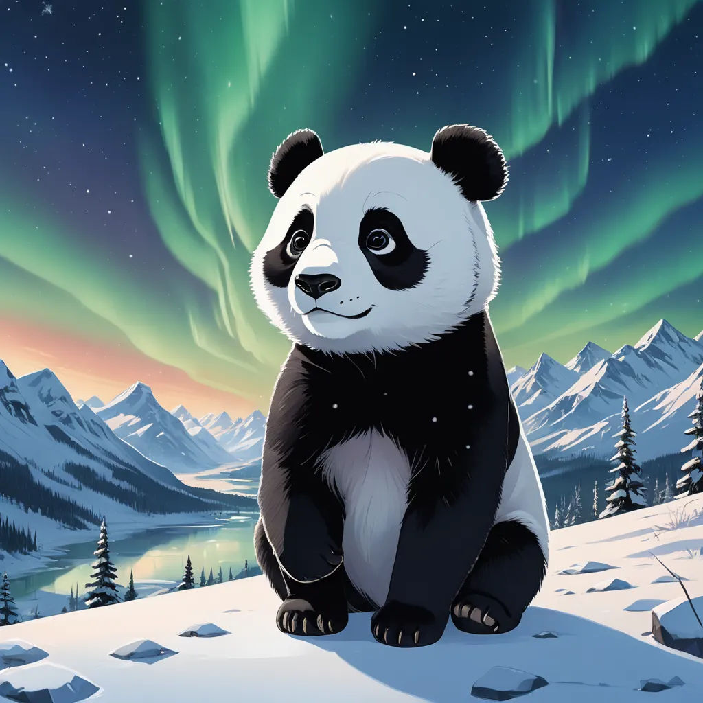 a panda bear sitting on a snowy hill with the aurora behind it and a lake below it with snow and trees, space art, a storybook illustration, Dan Mumford, official art