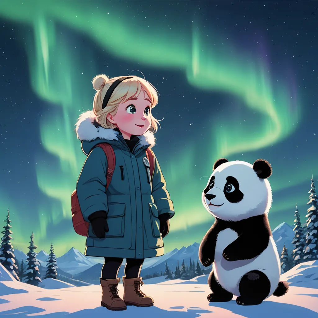 a girl standing next to a panda bear in the snow with an aurora light in the background on a snowy day, space art, a storybook illustration, Feng Zhu, official art