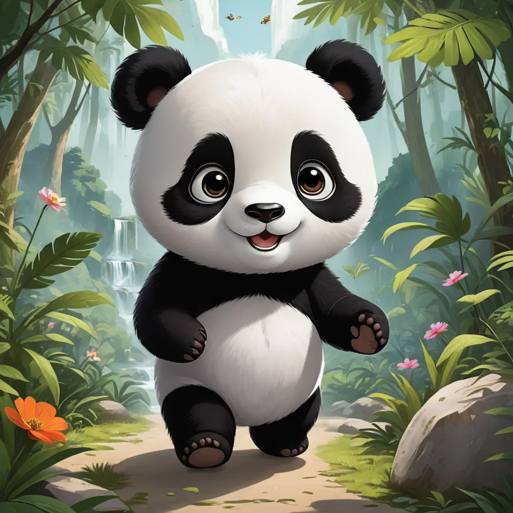 a panda bear is standing in the middle of a forest with flowers and trees around him and a waterfall in the background, sots art, a character portrait, Fan Qi, game art
