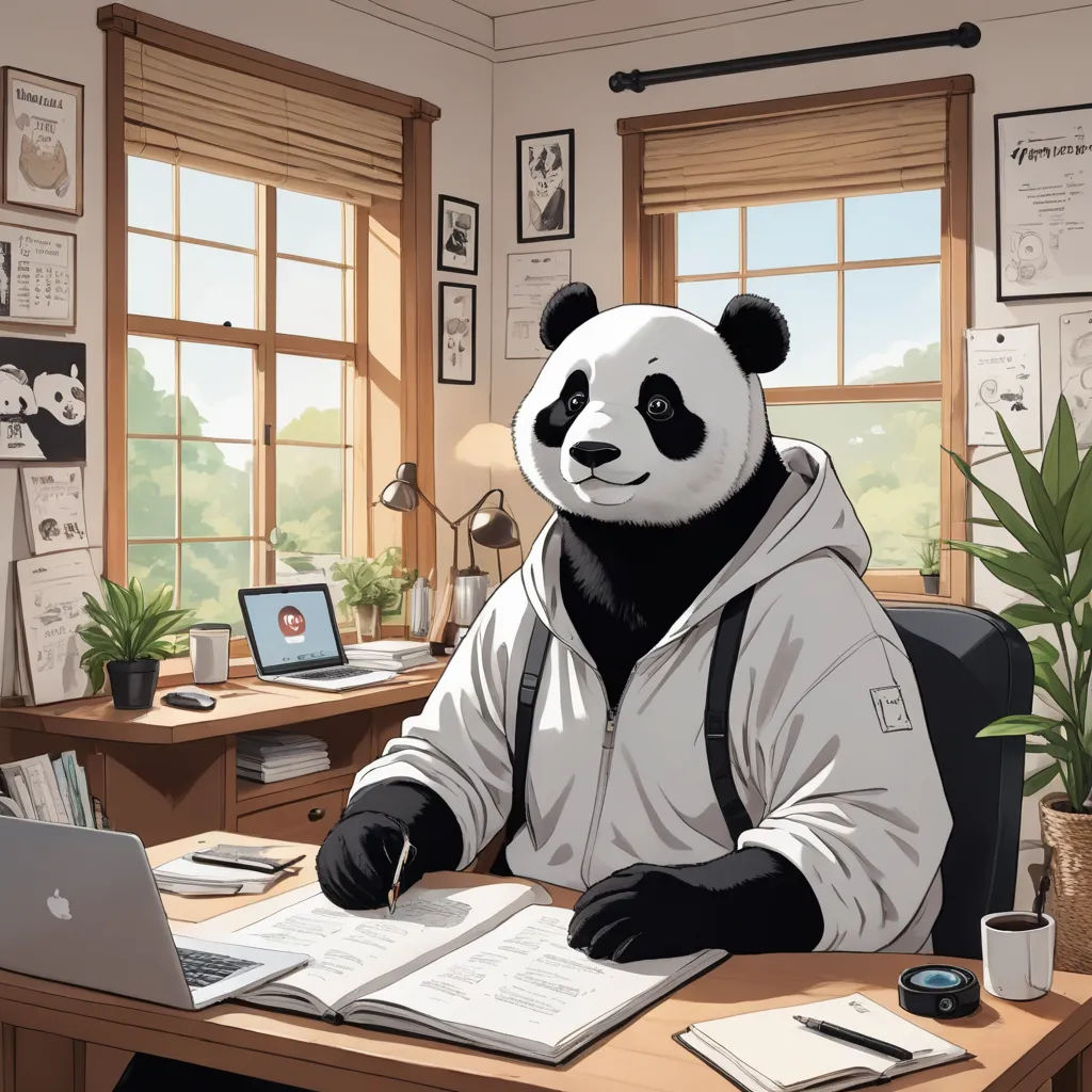 a panda bear sitting at a desk with a laptop and papers in front of him, with a plant in the corner, furry art, a character portrait, Atey Ghailan, trending on art station