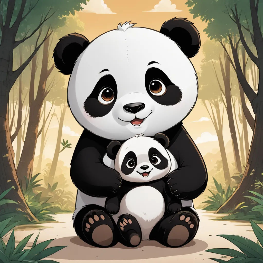 a panda bear holding a baby panda in a forest with trees and grass in the background, with a sunlit sky, furry art, a storybook illustration, Fan Qi, cute and funny