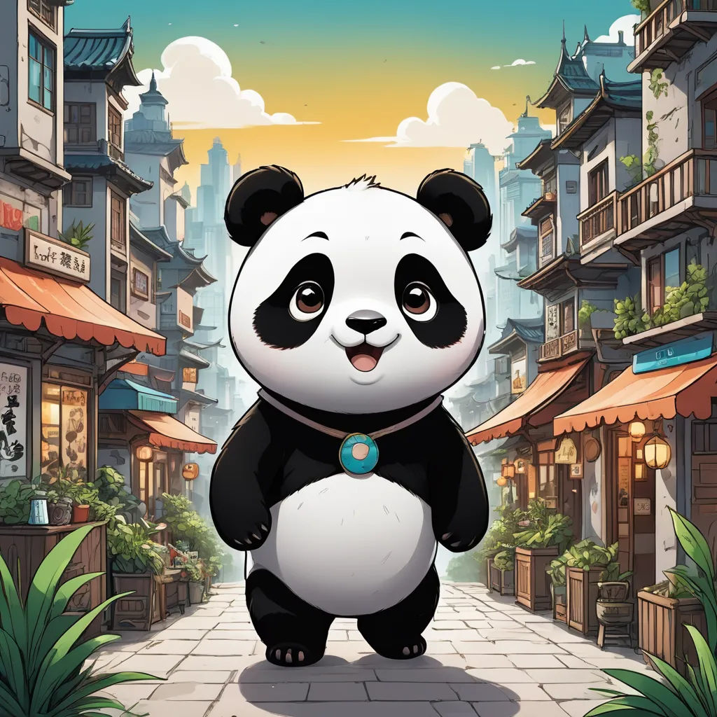 a panda bear standing on a sidewalk in front of a cityscape with buildings and a sky background, sots art, a character portrait, Fan Qi, official art