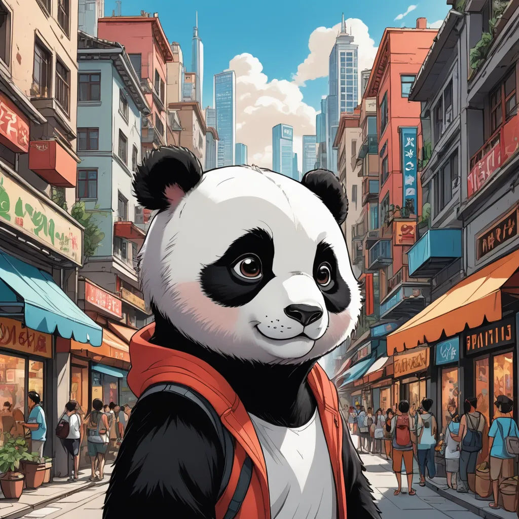 a panda bear is standing in the middle of a city street with people walking by and shops on the side, furry art, a comic book panel, Chris LaBrooy, official art
