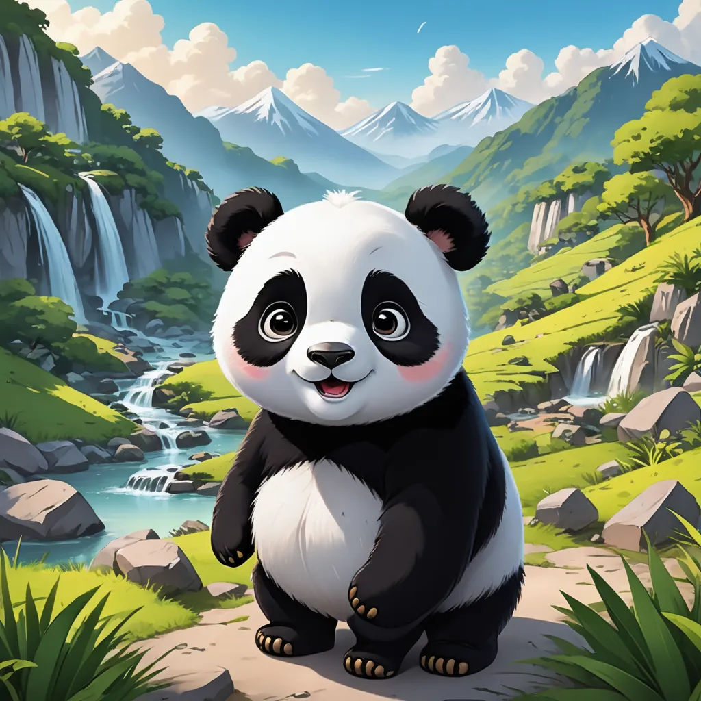 a panda bear is standing on a rock near a waterfall and a stream of water in the background with mountains and trees, sots art, a character portrait, Fan Qi, official art