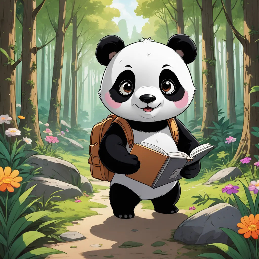a panda bear is reading a book in the woods with flowers and rocks around it, while standing on a path, paris school, a storybook illustration, Bian Jingzhao, game art