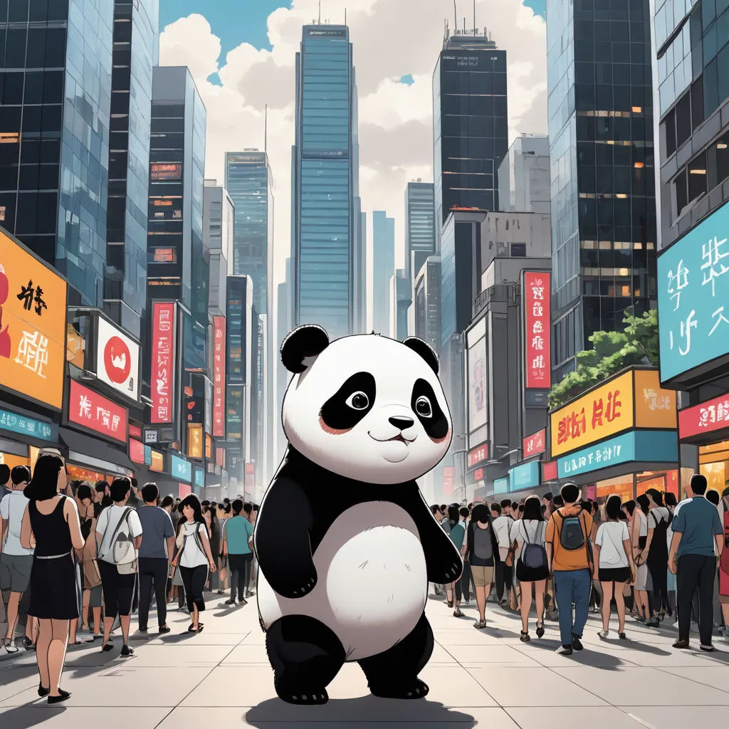 a panda bear standing in the middle of a crowded street in a city with tall buildings and people walking around, photorealism, a storybook illustration, Chris LaBrooy, official art