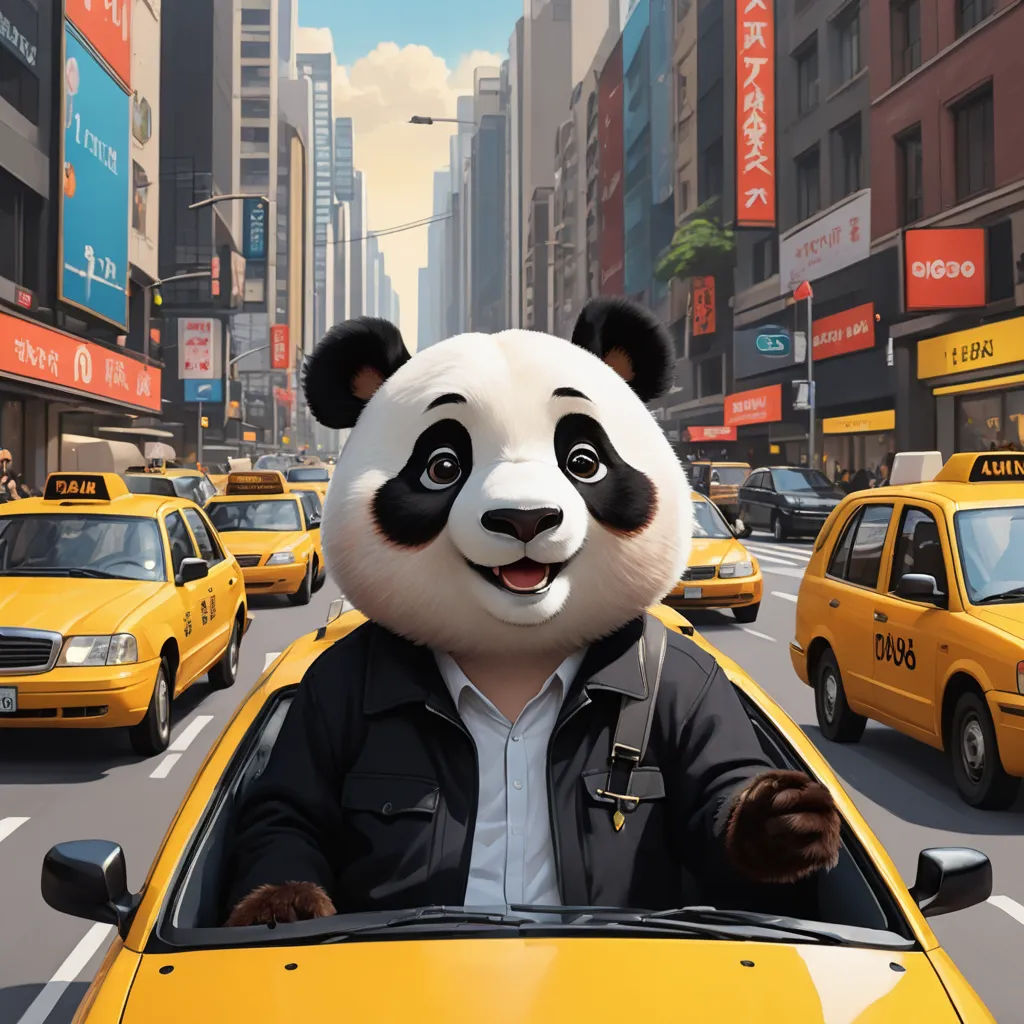 a panda bear is driving a taxi through the city streets with taxi cabs and taxis on the street, furry art, a detailed matte painting, Chris LaBrooy, promotional image