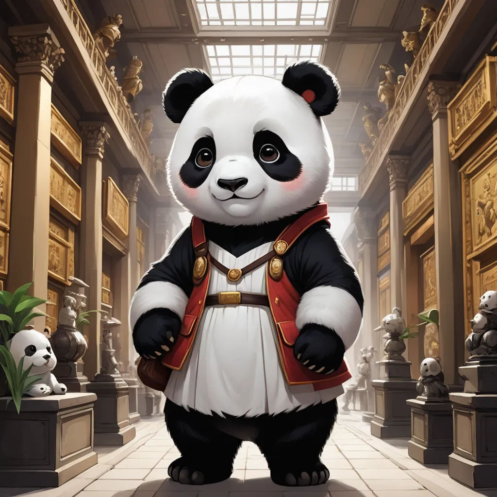 a panda bear dressed in a costume standing in a hallway with other pandas in the background and a skylight, altermodern, a character portrait, Fan Qi, magic the gathering artwork